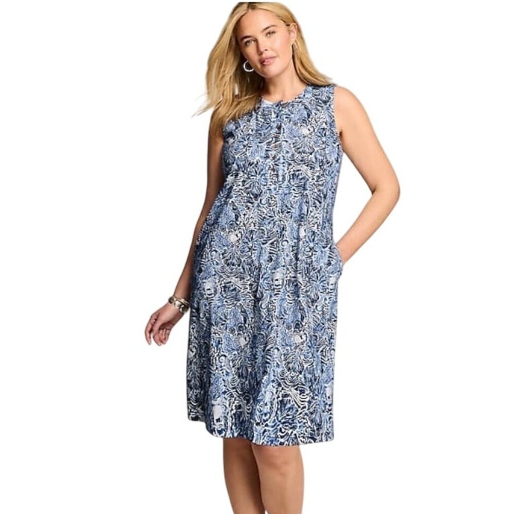 J. Jill Womens Sleeveless Henley Dress M Tall blue marine coastal garden novelty